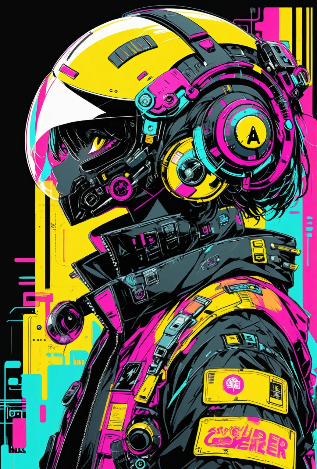 (masterpiece,Highest quality,Super detailed,Ultra-high resolution,Detailed Background),((cyber punk)),((Flat Color)),((colorful)),(One person),pilot,pilot helmet,pilot jacket,View your viewers,alone,Upper Body,Colored Background,High Contrast,Contrasting colors,Cowboy Shot,