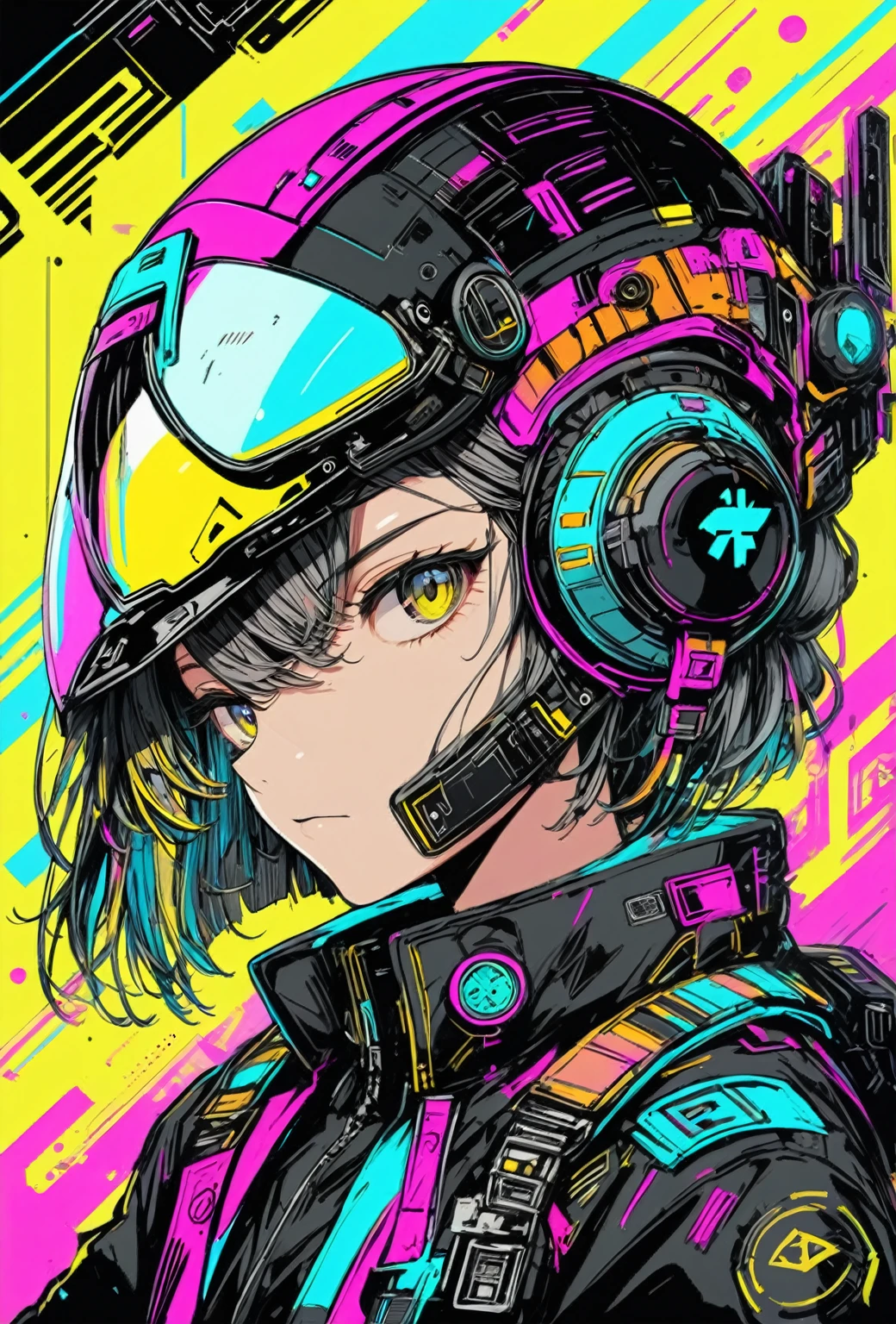 (masterpiece,Highest quality,Super detailed,Ultra-high resolution,Detailed Background),((cyber punk)),((Flat Color)),((colorful)),(One person),pilot,pilot helmet,pilot jacket,View your viewers,alone,Upper Body,Colored Background,High Contrast,Contrasting colors,Cowboy Shot,