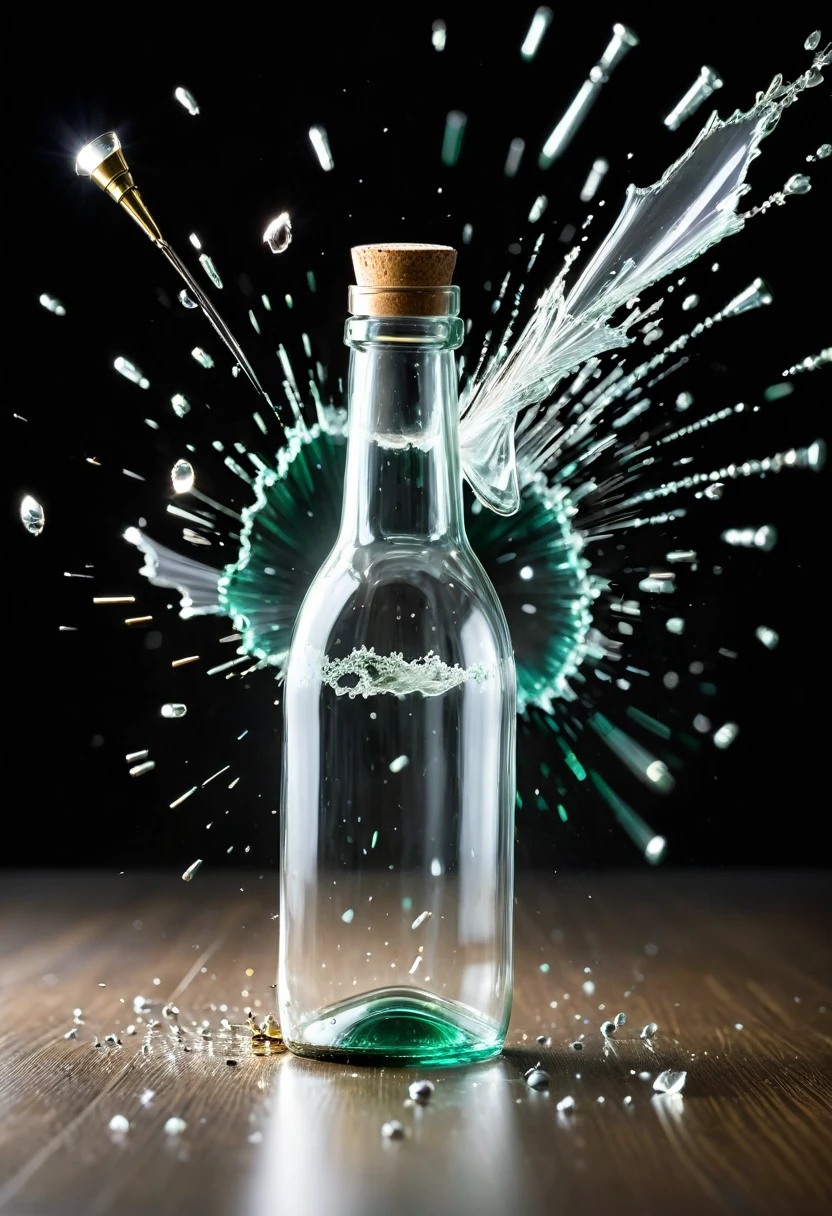 long exposure photo of a{breaking glass bottle and scattered hit by a bullet shot} in motion, vertical angle shot, blurred edges, slow shutter speed motion photography, shot on Fuji Film XT4 camera f/2. ISO 200