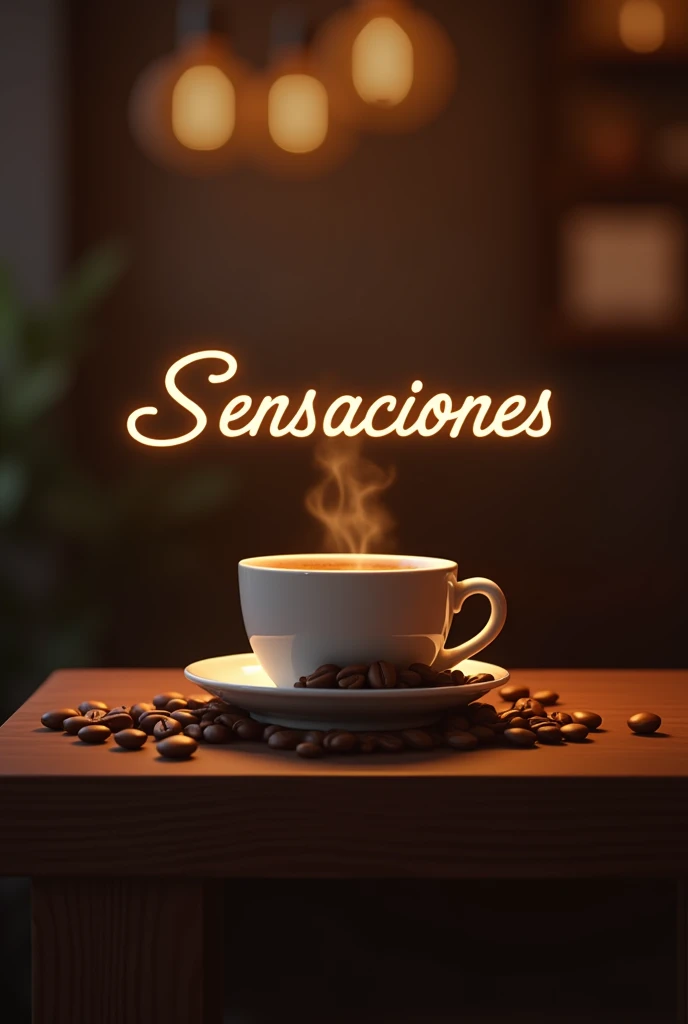 Minimalist coffee shop logo with the name Sensaciones in cursive font featuring an image of coffee beans and a cup with warm neon lights.
