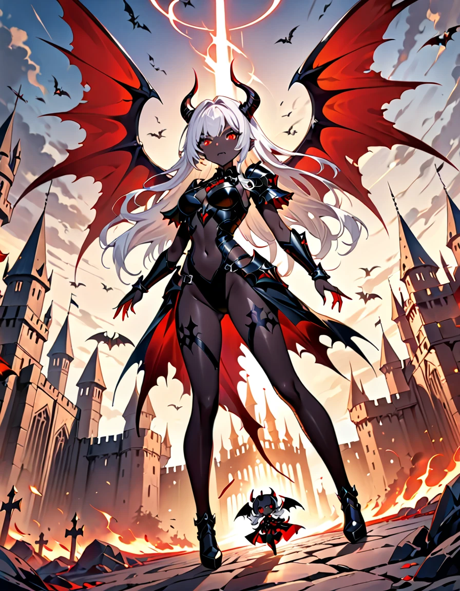 (masterpiece, highest quality, 16k) queen power armor , (gothic style), full body view , bellybutton, The most beautiful and sexy demon goddess, long white hair, glowing red eyes, wearing detailed black gothic battle armor, black angel wings, tattoos and piercings, gothic castle, perfect masterpiece, high quality, high resolution,(devil:1.3), (pure black skin:1.3), (dynamic angle:1.2)