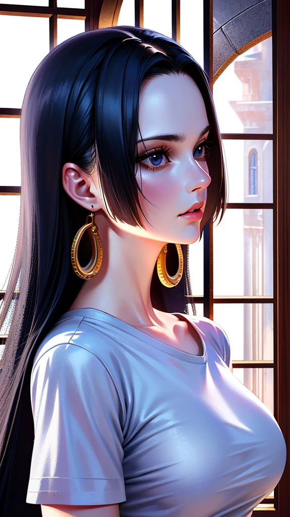 ultra realistic 8k cg, masterpiece, ((ultra detailed background, delicate pattern, intricate detail, highly detailed, fine details best quality, hyperdetailed face)), (photorealistic:1.4),beautiful lighting, absurdres, RAW photo, film grain, BoaHancockV2, 1girl, solo, black hair, long hair, jewelry, closed mouth, (((medium breasts, slim girl))), (white T-shirt, jeans earrings, black eyes, complex detailed background, inside, castle room environment, medieval castle, gray walls, window, bookshelf), ((close-up, portrait)),