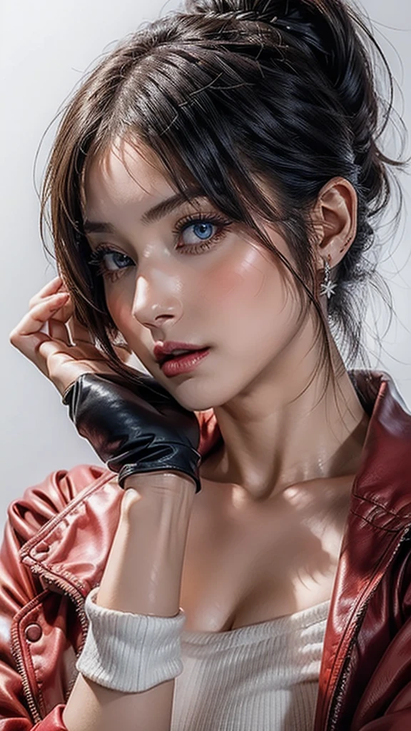((Beautiful Face:1.4)), (Purelos Face_v1: 1.0), Half Body,((White simple background)),one person, return,((Natural Big Breasts:1.0)), (Beautiful Japanese Women),bangs, Exposing shoulders, black gloves, Blue eyes, Braiding, choker, Earrings, fingerless gloves, From behind, gloves, Grey Hair, Holding, Jacket, jewelry, Long Hair, View your viewers, looking return, Manicure, Off the shoulder, Lips parted, Earrings, ponytail, red Jacket, alone, Upper Body,[[Realistic]],(Glowing Skin),(masterpiece:1.4),(Highest quality:1.4)