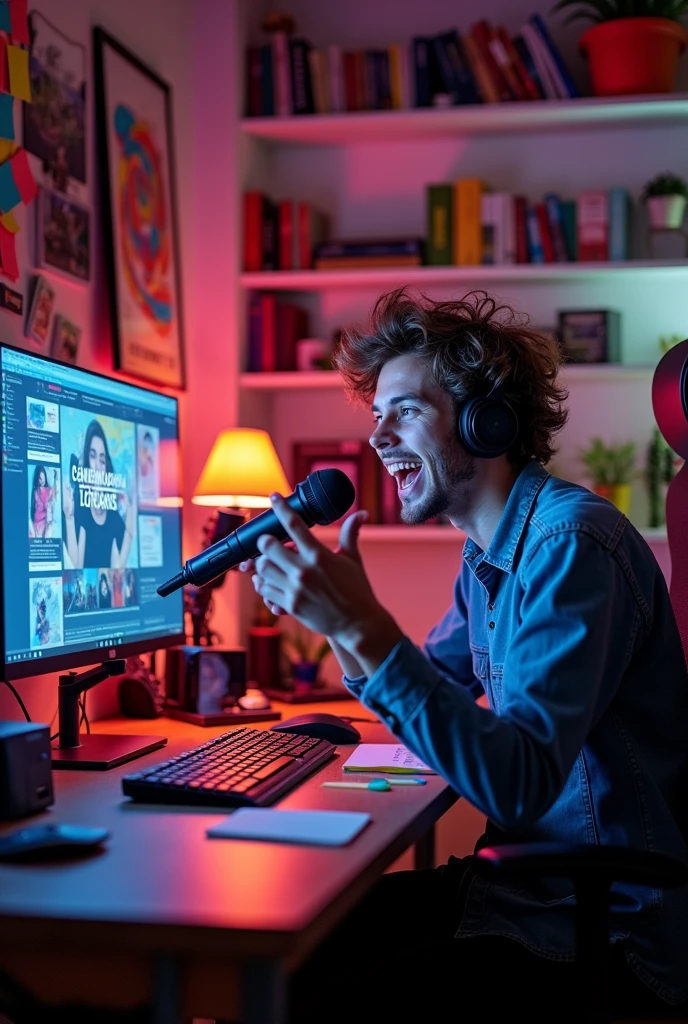 A young man in front of his computer creating content for YouTube.