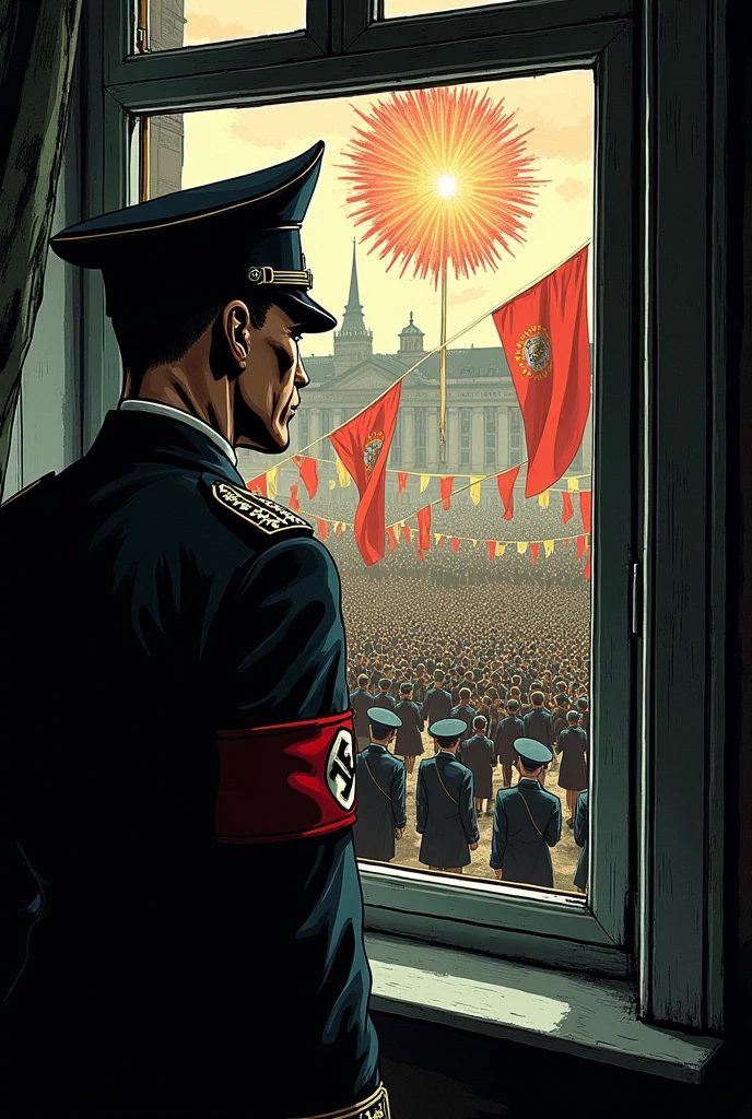 Create an image of a Nazi soldier opening the window of his apartment in a building and another image where he sees the Nazi festival in a comic style.