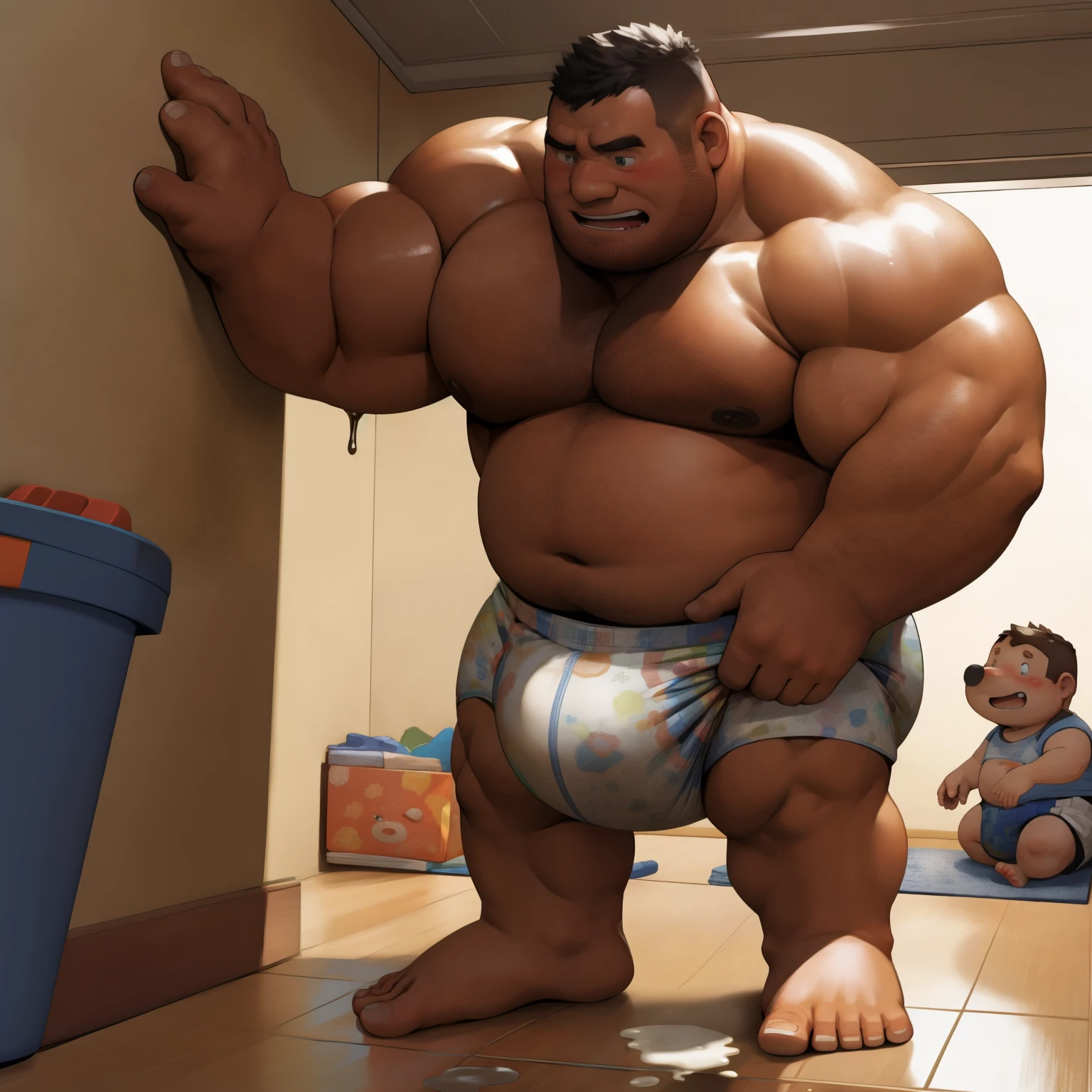 masterpiece, Top quality, in 32K, perfect ???????, hyper detailed, super fine illustration, The thick man is a brutal prisoner, ????????, hairy, human, 50yo in japan, (fatness: 1.0), Fatty muscle, Bowleg, disappointment, incontinent, be ?????? check by children, There is a small puddle under him, ?????, short legs, Bowleg, ???????????, wear a White cloth ??????, ???? belly, ???? legs, ???? foots, ???? soles, Shirtless, wide forehead and short thinning hair, Man with round  face with stubble, ???? foots, ???? soles, shy, ?????, Weaker than children, Drool, Round face, He enters nursery school and is despised by children, He is made to stand attention in the corner of the playroom, corner time, He surrounded by children, ???? foots, big ????, White ??????, sobbing, There is a small puddle under him