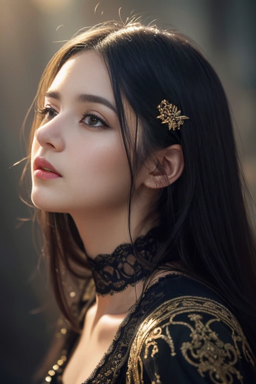 a beautiful detailed girl, 1 girl, long black hair, looking up, (best quality,4k,8k,highres,masterpiece:1.2),ultra-detailed,(realistic,photorealistic,photo-realistic:1.37),intricate details,cinematic lighting,dramatic contrast,vibrant colors,oil painting,portrait,story-telling,fantasy,elegant,captivating gaze