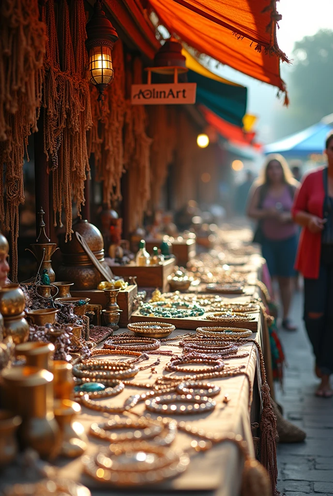 A large stall at a market with brass and macrame jewelry and semi-precious stones with a sign written " AelinArt "