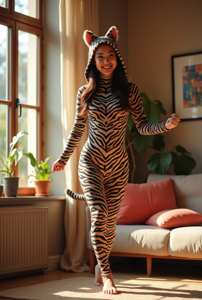 busty 25 year old brunette wearing thigh boots, high heels, and a tiger print catsuit bodysuit, sitting at a table in a busy street side cafe