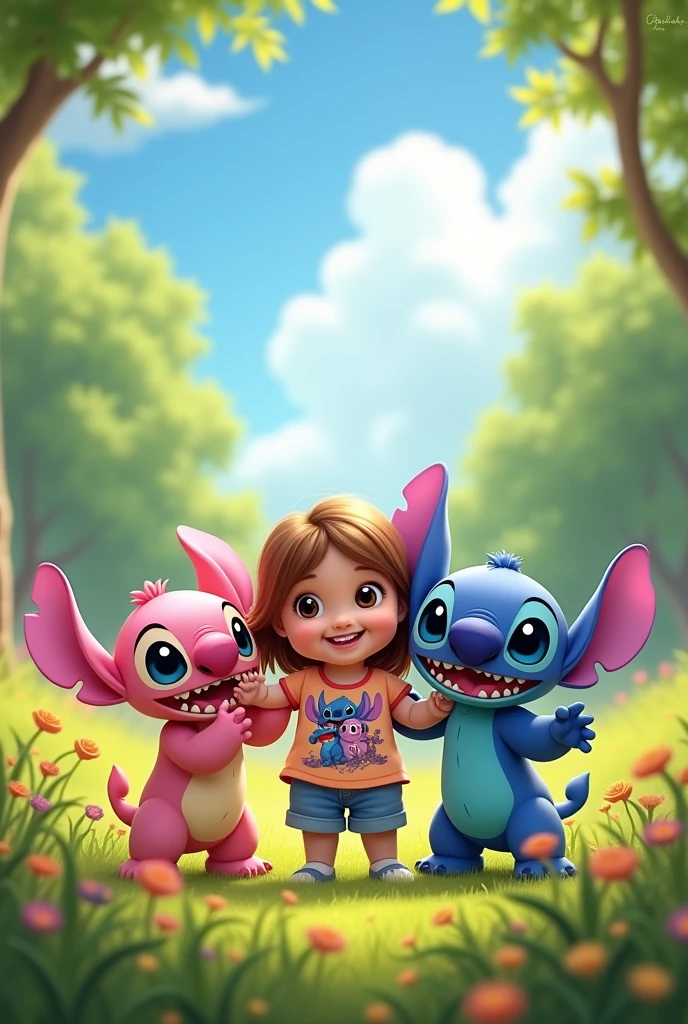 o stitch, A pink Stitch and a purple Stitch, a in between them.