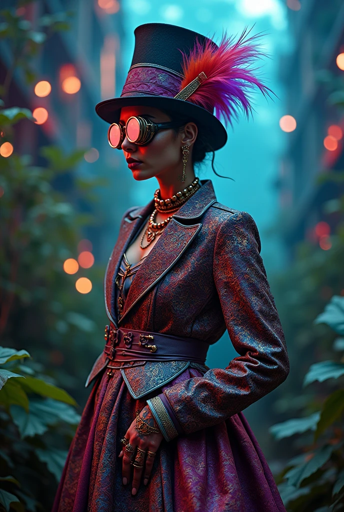 Cyberpunk and steampunk clothing mixing amazonic indigenous and Belenense aristocracy of the Belle epoque of Pará 