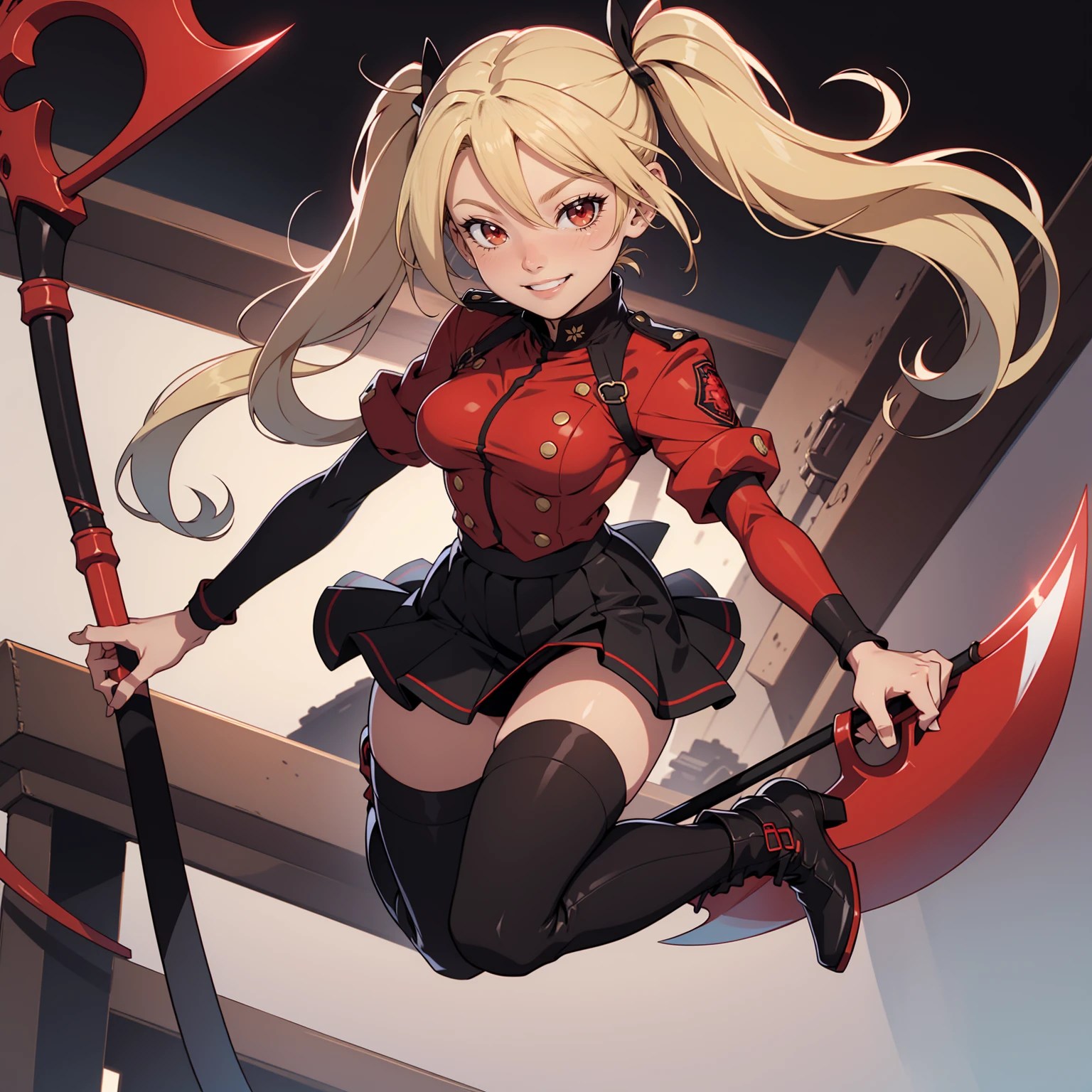 Very detailed, smiling facial expression, figure, full body view, small breasts, blonde hair with twintails, red eyes, looking at viewer, black and red uniform, skirt, black boots, holding scythe, jumping.