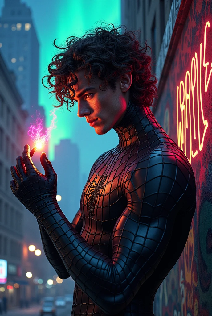 curly hair spider man, blackw, with a marijuana joint, I'm selling a northern lights drawing.