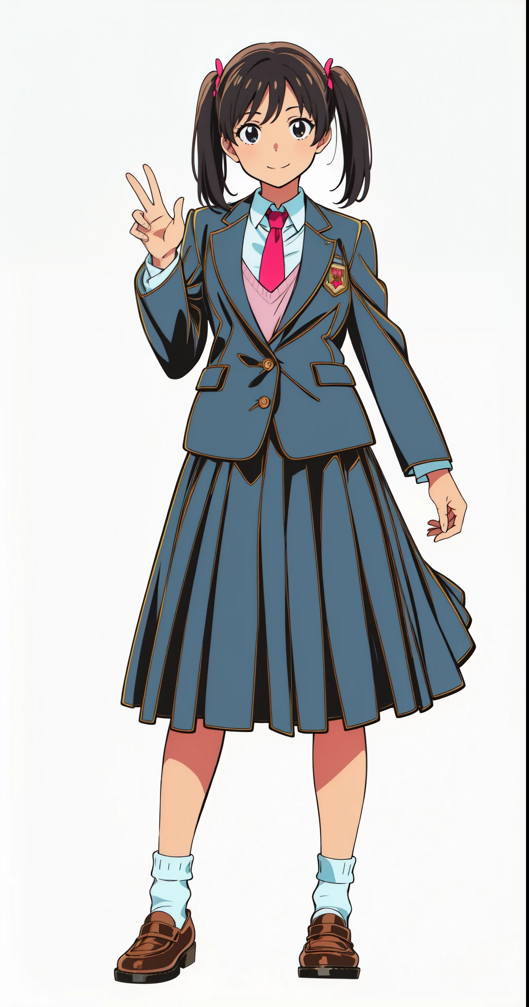 (wind:1.0), (skirt swinging:1.0), (white background:1.0), (best quality:1.0), (masterpiece:1.0), (super fine illustration:1.0), (beautiful artwork:1.0), (anime screencap:1.0), (official art:1.0), (full body:1.0), (solo:1.0), (a 17yo cute girl:1.0), (long skirt:1.0), (dark blue skirt:1.0), (pleated skirt:1.0), (school uniform dark blue blazer:1.0), (red necktie:1.0), (pink knit vest:1.0), (black loafers:1.0), (white socks:1.0), (ideal ratio body proportions:1.0), (lanky:1.0), (tall:1.0), (slender:1.0), (small breasts:1.0), (smaller face:1.0), (smile:1.0), (cheerful:1.0), (detailed beautiful eyes:1.0), (detailed beautiful face:1.0), (glowing black eyes:1.0), (short hair:1.0), (twin tails:1.0), (swept bangs:1.0), (black hair:1.0), (standing:1.0), (looking at viewer:1.25)