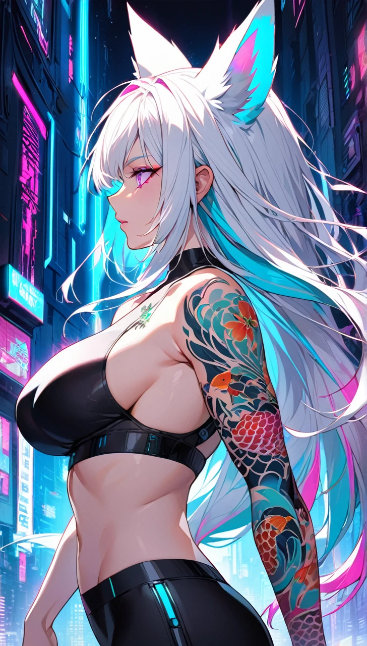 1woman, long white hair with pink and cyan tips,Muticolored hair, fox ears, purple eyes, wearing a white coat, leggings, wearing black undershirt, tattoos on arms, colorful koi tattoo, showing body, medium-big breasts, cyberpunk, profile picture perspective, neon, loose hair