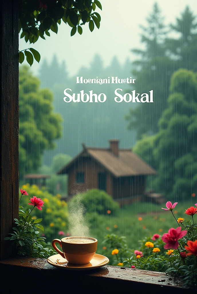 "A peaceful morning during the monsoon season. The scene shows gentle rain falling over lush green trees and a small garden. The sky is overcast with soft, gray clouds, and the air is fresh with the scent of rain. A small wooden house with a thatched roof is visible, with water droplets trickling down the sides. A cup of hot tea or coffee sits on a windowsill, with steam rising, adding warmth to the cool, rainy atmosphere. The words 'Shubho Sokal' are elegantly written in Bengali script, symbolizing a blessed and calm morning."