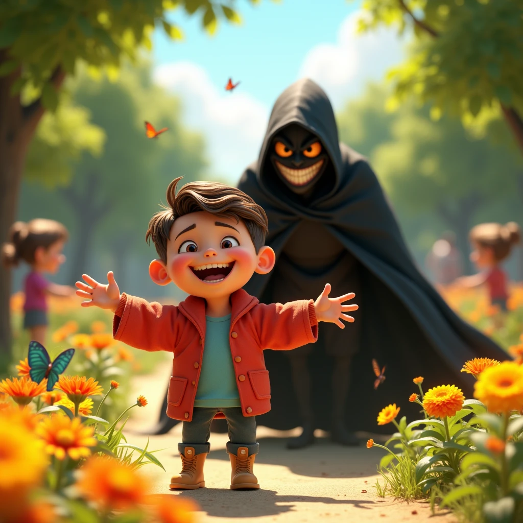 Create an image of a person pretending to be a good person but behind it is a bad person wanting to do evil, Pixar style image.