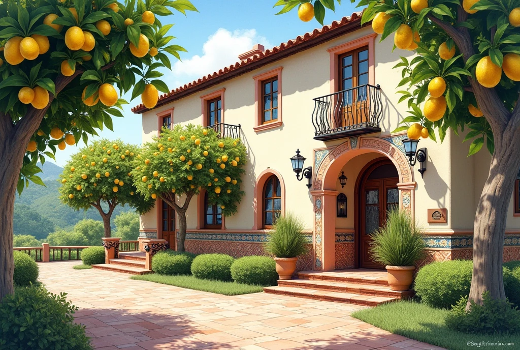 a Spanish hacienda in the countryside with lemon trees., Watercolor, trending on artstation, sharp focus, studio photo, intricate details, highly detailed, by greg rutkowski