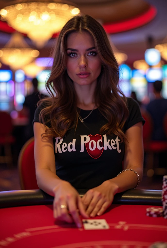 Beautiful woman playing at the casino
Wearing a shirt with the phrase 'red pocket' 