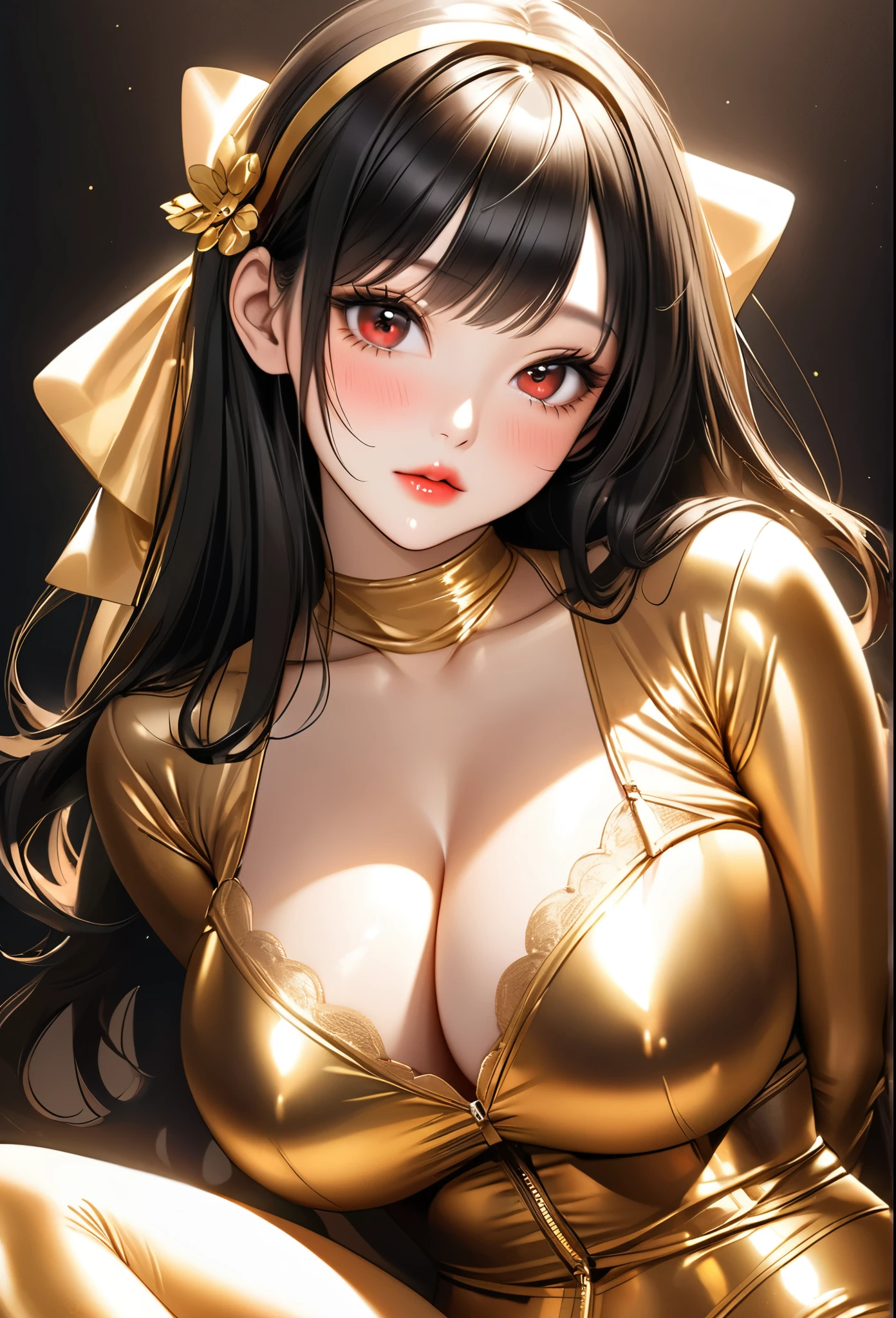 (((Yor Briar))), long black hair, red eyes, ulzzang, gold headband, realistic depiction, elegant appearance, pale and shiny skin, full lips with lip gloss, red and gold monochromatic color scheme, soft lighting, , huge tits, goodysuit, thigh highs, casual, ((arms behind back)), sexy, blushi sitting, legs open, (solid black background),