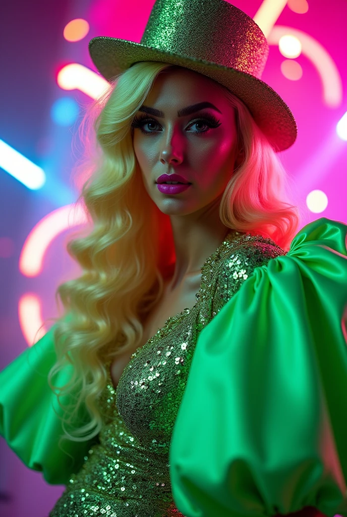 Create a realistic photo of the best flamboyant drag queen. High fashion and a unique outfit with a neon closed suit full of shiny details and large green sleeves from the body and her hair should be blonde. She looks young and her outfit is full of life, the background with details and her makeup should be perfect and as realistic as possible, the background full of details, a studio photograph full of neon quality with a large hat. 