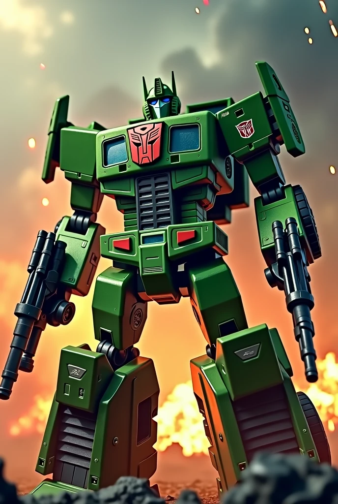 Green. Transformer. Autobot insignia. 2 guns. Explosions in background.