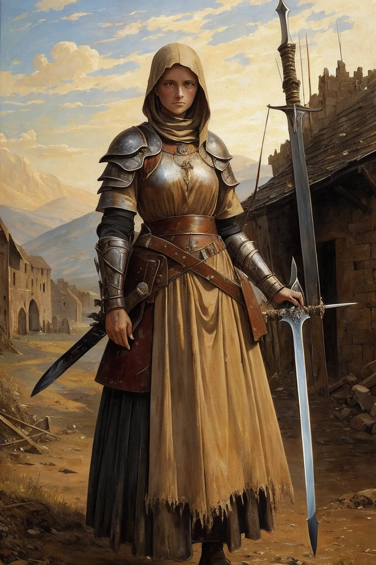 A painting of a woman, mid 30s, tired, crazed cold eyes, mended armor, rags poking through gaps of the armor, bandages, no helmet, curly ratty hair, stern eyes, scarred weathered face, boney cheeks, pale, covered in old blood and puss, fraying bandages holding together armor, in a destroyed village, holding a chipped and stained claymore(sword), very dark at night, no reflections, low visibility, renaissance style painting, crude art, starless night, at nighttime, no light, painterly aesthetic, standing off to the side, paint smudges, crude painting, very dreary, classic oil painting