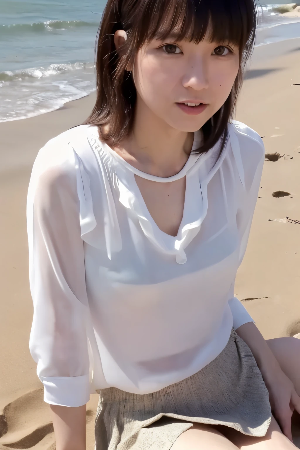 8k, highest quality, masterpiece, pornography, super high resolution, RAW Photos, One Girl, a skinny Japanese woman, 30 years old, thin waist, slender legs, sitting on the beach, (spreading legs wide: 1.4), a black hair, (wearing a white blouse next to the skin: 1.4), wearing a gray pleated skirt, anatomically correct body, (cute face, detailed face, detailed eyes),