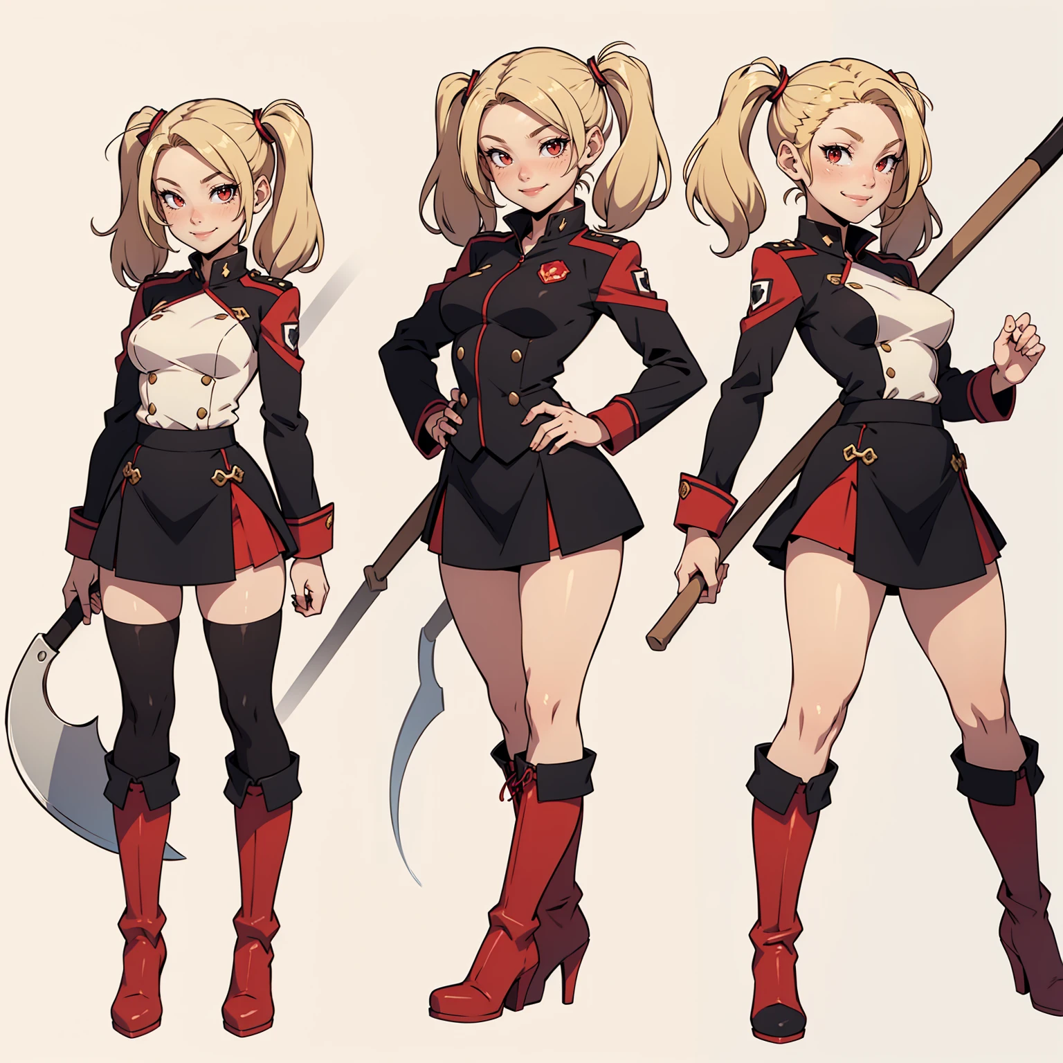 Very detailed, smiling facial expression, figure, full body view, small breasts, blonde hair with twintails, red eyes, looking at viewer, black and red uniform, skirt, black boots, holding scythe, sexy pose.