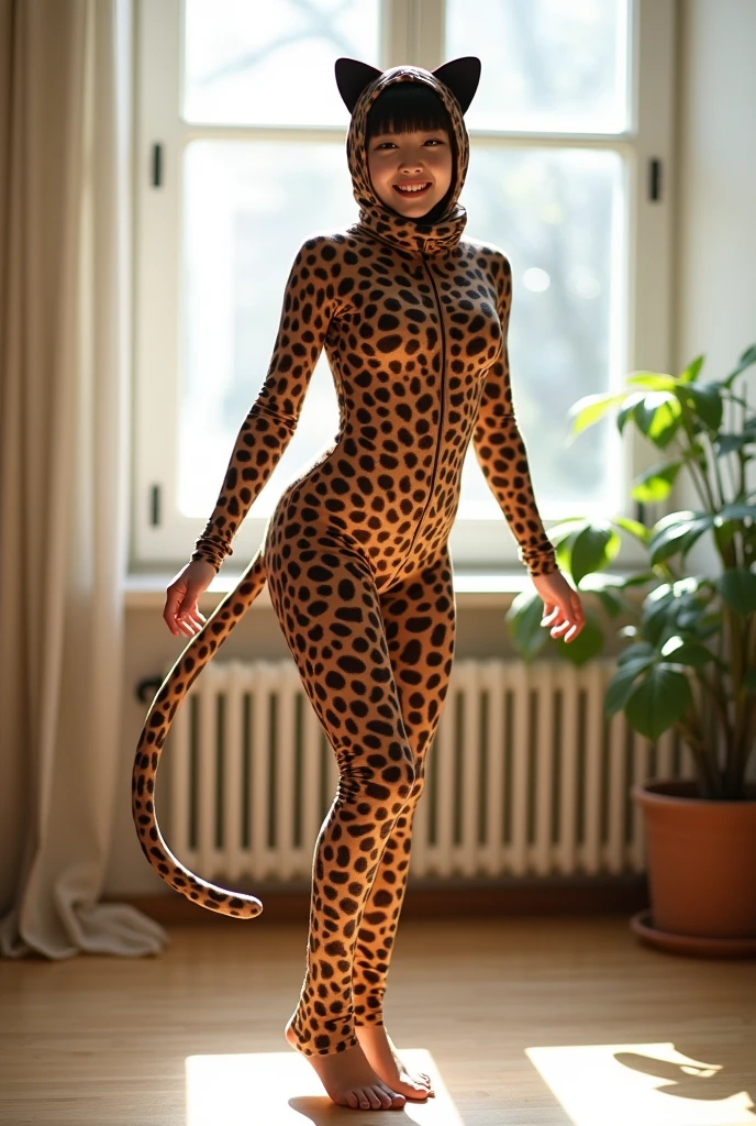 The beautiful and thin Chinese adult  contortionist girl with beautiful cheeks wears brown zebra lycra dancewear turtleneck unitard catsuit with a long leopard tail.She always wear brown zebra print lycra elastane dancewear hijab-like zentai hood with a pair of cat ears.She is happy at apartment.