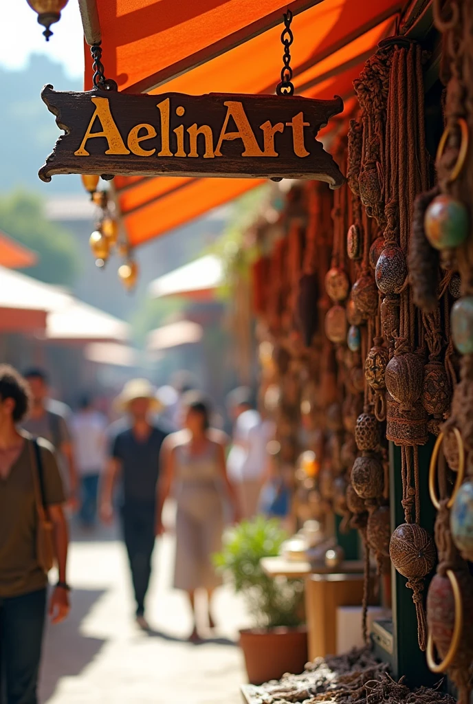 A stand at a market selling brass , metal and macrame jewelry, as well as semi-precious stones, with a sign. " AelinArt "