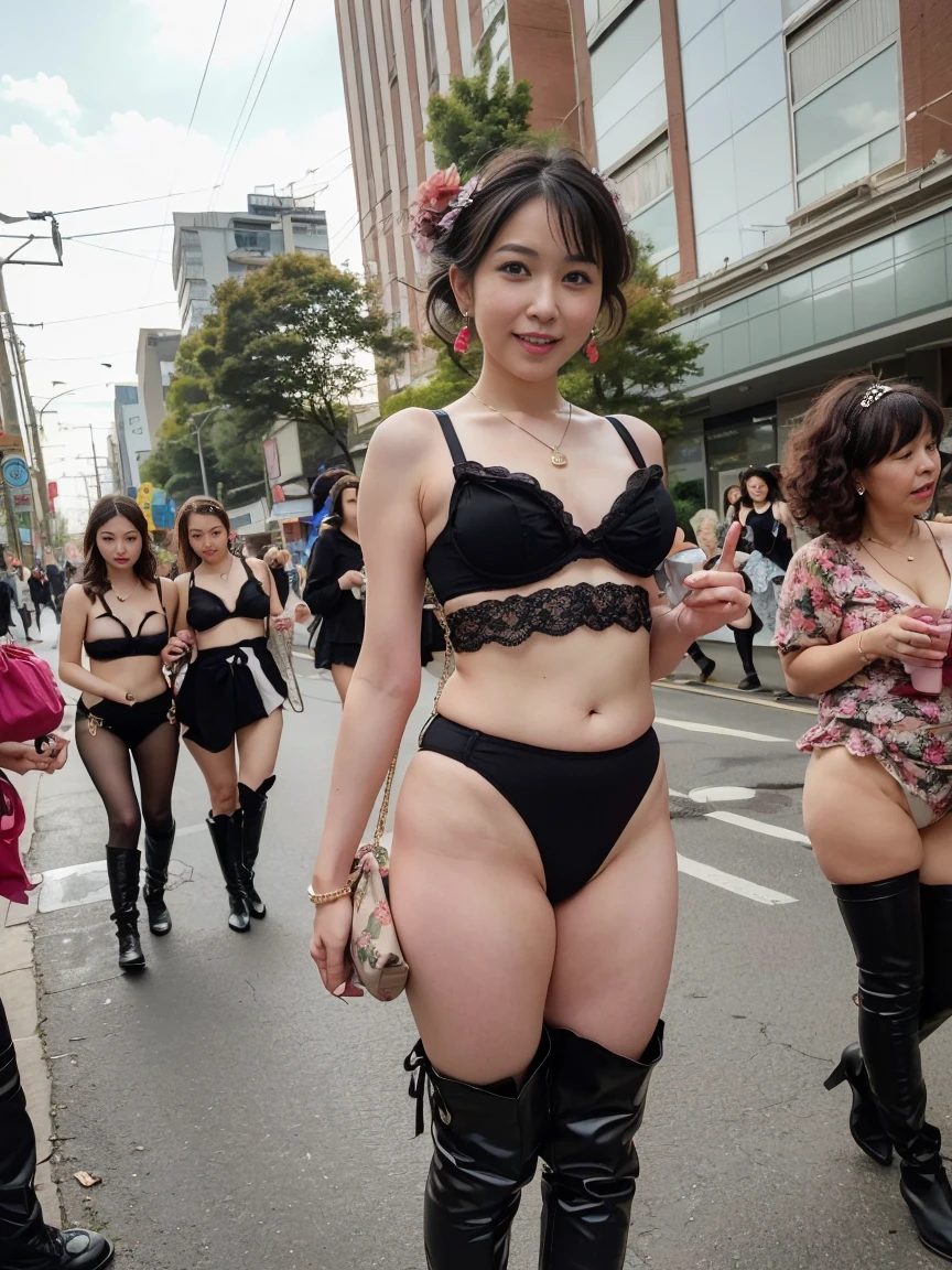 high resolution、high quality、High resolution、masterpiece、detailed、Japanese、Cute smile、looking at the camera、32 year old pretty woman、(light brown long curly hair、Anorexia and extremely thin body、A body with almost no fat、Very small and flat breasts、Round and cute buttocks、Black lingerie with floral pattern and frills:1.5)、(Restrained with cute hair ornaments, large chains, small chains, earrings, necklaces, and a belt、Wearing black thigh-high boots、Carrying a shoulder bag、I'm in the middle of a busy intersection during the day、There are a lot of cute women around in their early 20s.:1.5)