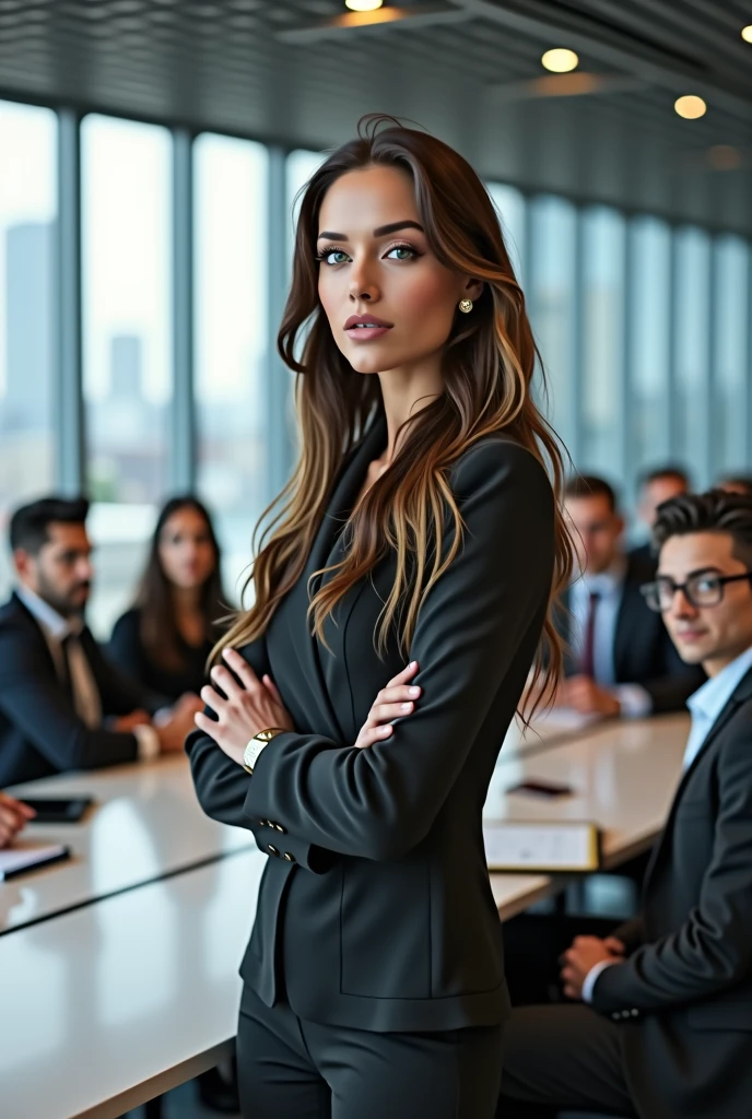 (photorealism:1.2), beautiful woman, long hair brunette green eyes looking at camera standing in modern office with people sitting listening to her