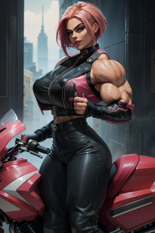 (((Close-up))), tall, (red hair) beautiful muscular asian woman, long hair, pale white skinned, large breast, closed smile, (black lipstick), ((massive muscles)), (hyper muscle), ((ginormous bulky muscles)), yellow eyes, (((sleeveless motorcyclist jacket))), (((motorcyclist pants))), boots, choker, sneakers, in a night town,