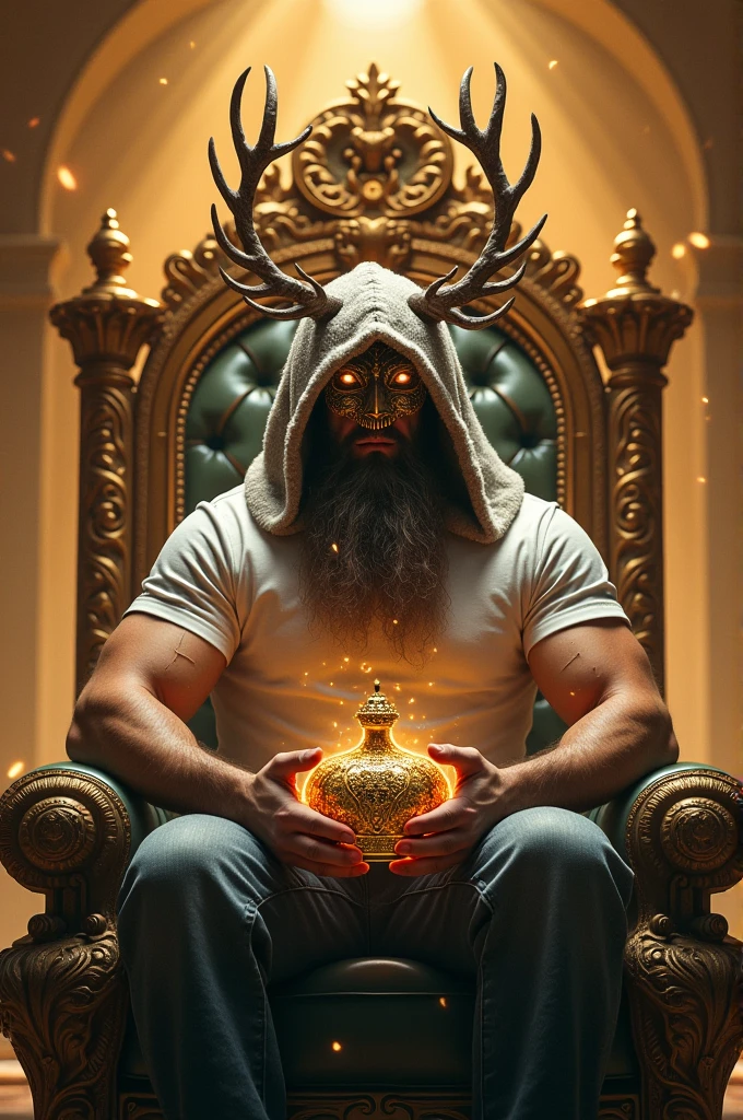 a god with a crown in his hands, in human form, sitting on a throne,
He wears a mask on his face, and a hood from a gray reindeer on his head, he himself is wearing a white T-shirt and jeans