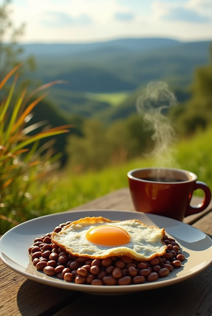 Image of a breakfast of blended beans, with cream and fried egg with coffee next to it in front of a beautiful view of grass taken from the first person