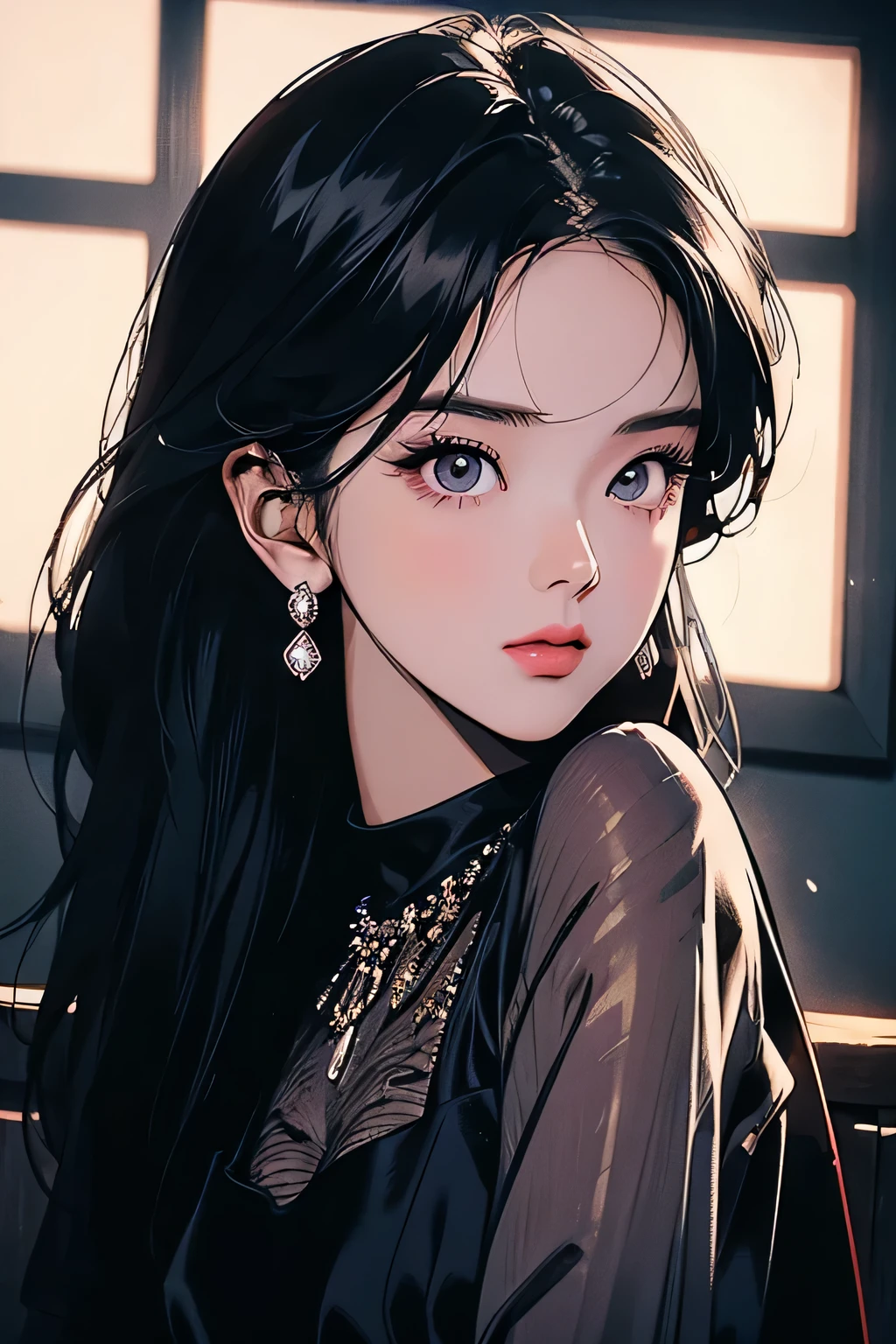 Kim jisoo, a beautiful young woman with black hair, black eyes, wearing a black dress, blue earrings, 1girl, beautiful detailed eyes, beautiful detailed lips, extremely detailed eyes and face, long eyelashes, high fashion, elegant, cinematic lighting, dramatic lighting, intricate details, photorealistic, 8k, ultra-detailed, best quality, masterpiece, vibrant colors, glowing skin, volumetric lighting, natural pose, dynamic composition, dramatic lighting, chiaroscuro, cinematic framing, moody atmosphere, elegant, glamorous