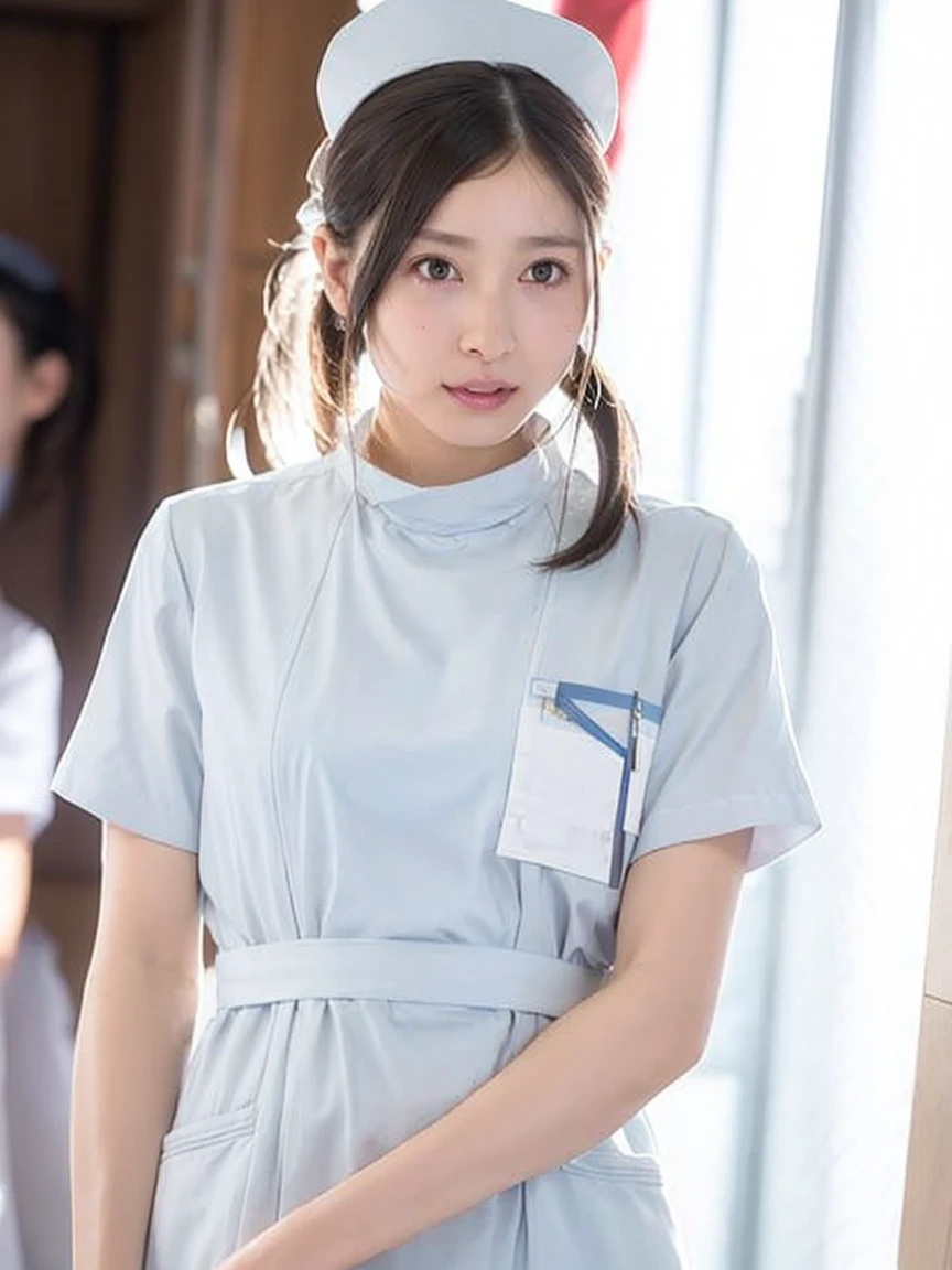 woman, alone, (Wearing white nurse clothes:1.2), Low ponytail, Black Hair, nurse, Perfect Anatomy, nurse uniform, (Nurse cap), (White costume), Long skirt, hospital, Face close-up,