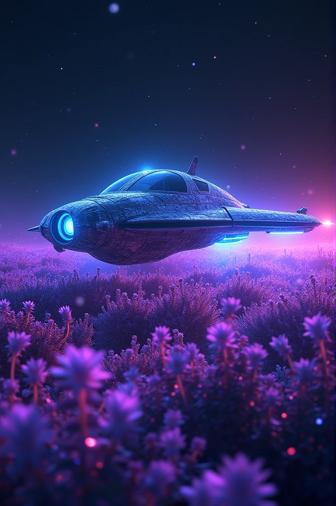 Blacklight Blackglow Purple flowers double exposure flying around a surreal sci-fi space craft. X=make this image beautifully 69