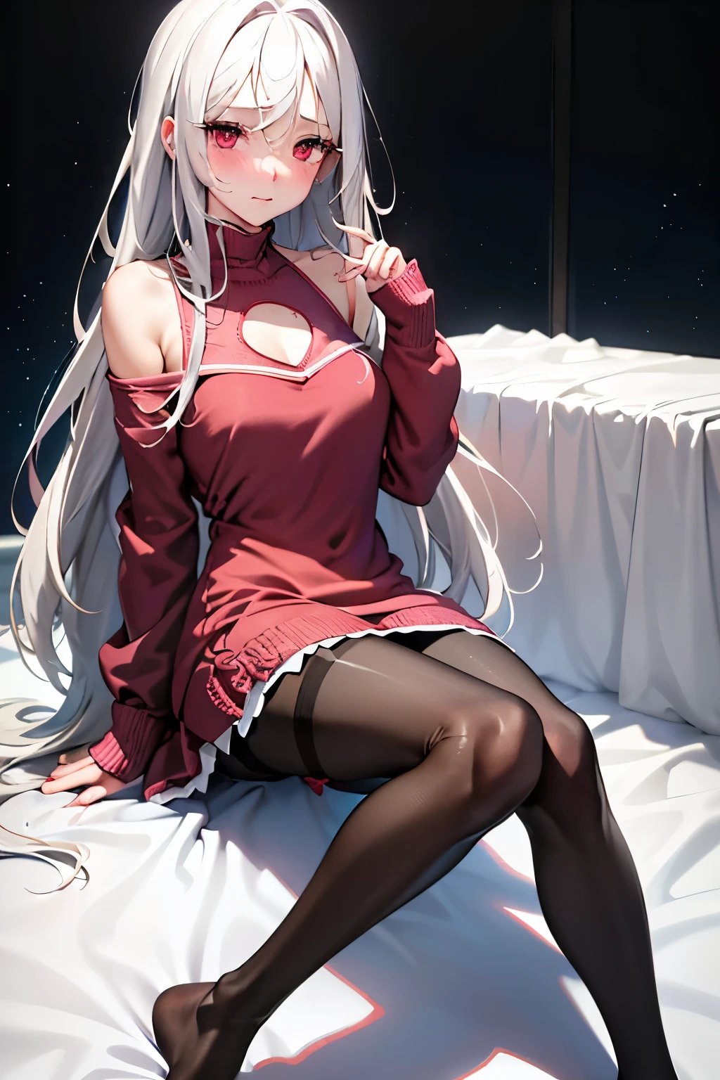 (Highest quality:1.1), (masterpiece:1.4), (Absurd:1.0), 
One Girl, Iris Feel、White Hair、Long Hair、Red eyes, medium-sized chest、Looking at the audience、Bedroom、(blush:1.2)、Embarrassed expression、((pantyhose))、((Knitted dress))、((sit))、Showing panties