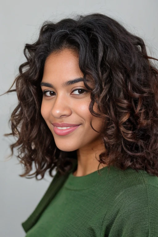 (punctuation_9,punctuation_8_High above,punctuation_7_High above), retrato de uma Kizi afro, 18 years old, shoulder length curly hair, justina blakeney, fleshy lips, striking gaze and brown eyes, a beautiful smile illuminating her face, Kizi, green sweater, cute nose, small-nose, (super realistico), nblurry background.