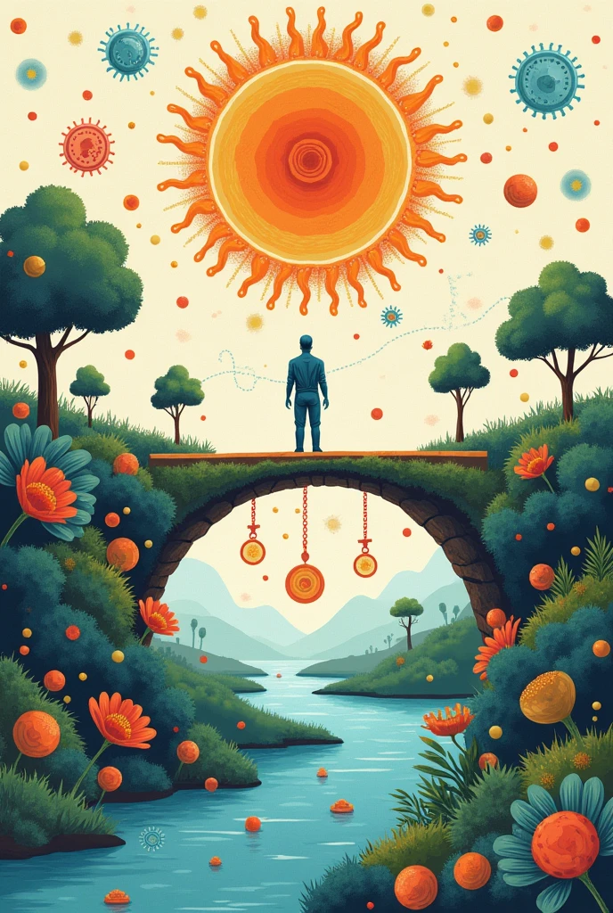 A visual representation of a symbolic bridge between biology (represented by elements such as cells, DNA, and nature) and the humanities (represented by human figures, books, Cultural symbols).