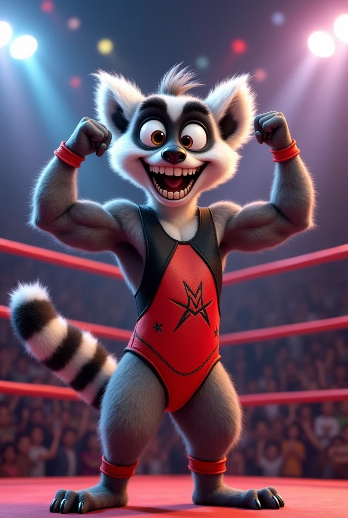 Cartoon skunk dressed as WWE wrestler Jimmy Superfly snuka.

Cartoon skunk head. Cartoon skunk body.  Cartoon skunk arms. Cartoon skunk hands. Cartoon skunk legs. Cartoon skunk feet.

Long black curly hair. Tiger striped underwear. Jumping off top rope of wrestling ring