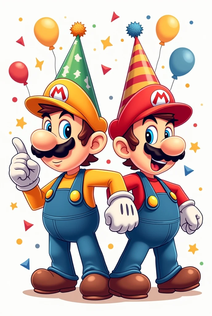 Draw a cartoon of Mario Bros in a cool style, wearing a birthday t-shirt, against a white background.