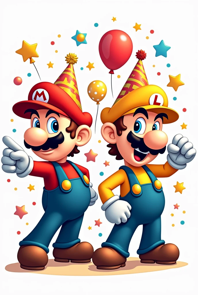 Draw a cartoon of Mario Bros in a cool style, wearing a birthday t-shirt, against a white background.