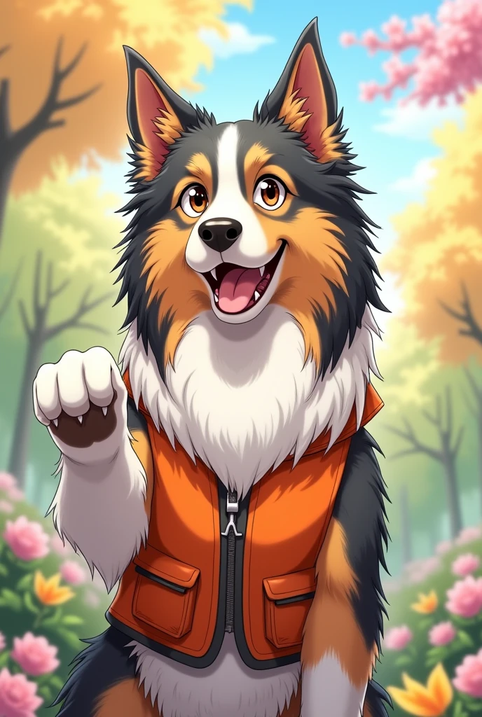Anime style drawing of a large, old, silver and white Bearded Collie wearing a big orange vest, showing its paw.