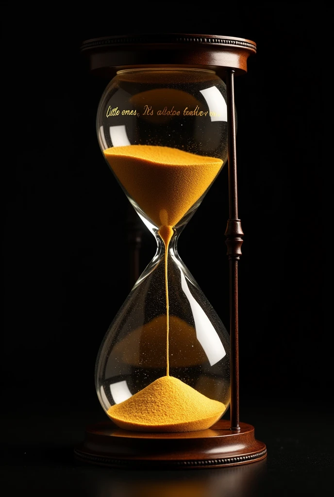 hourglass with golden sand and the phrase ( Little ones, it's the last hour ) inside it at the top and a completely black background