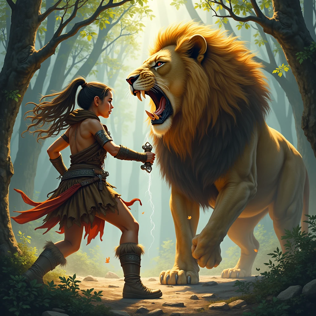 A barbarian girl fighting a lion、Dungeons＆Dragons