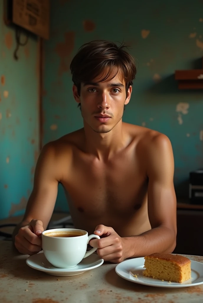 Young man , face perfect, honey eyes , skinny sexy , wearing no shirt, muscular short straight rebellious hair, He is sitting at the table eating cornmeal cake with coffee., dirty poor kitchen, falling apart, in favela , He's hungry , is 18 years old, is happy , having afternoon coffee after football , jaded, mouth with cake crumbs
