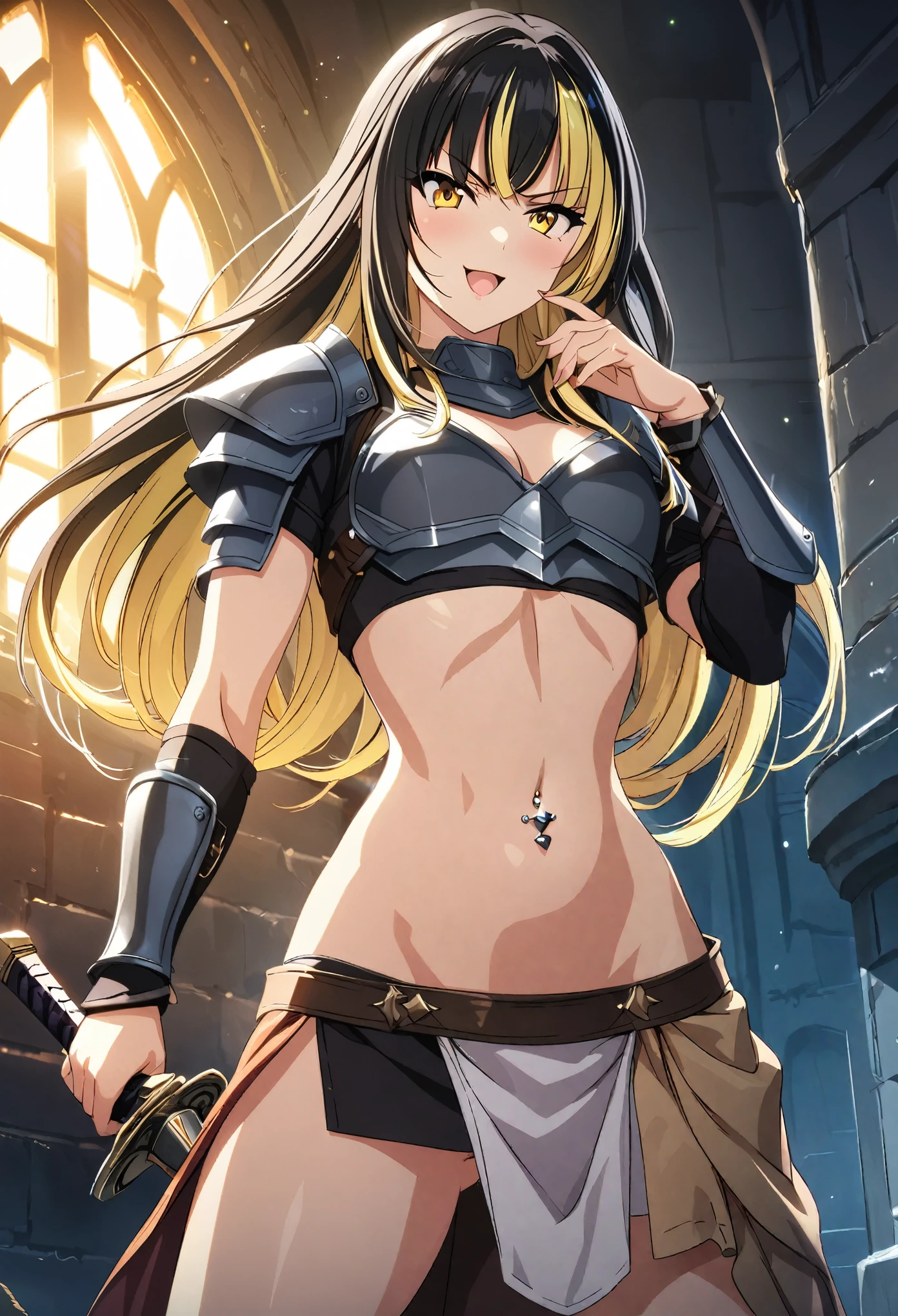 1girl, black hair, blonde hair, solo, multicolored hair, yellow eyes, black hair, long hair, Hot girl, baddie, staring, glaring, bad attitude, mean girl, crazy, smoking, masterpiece, best quality, highly detailed, fantasy , a anime girls in armored dress holding a sword
posing for a picture, evil smile, smile, open mouth, breastplate with open cleavage, cleavage, warrior
outfit, ecchi anime style, anime girls, ecchi style, (nsfw) not safe for work, ecchi, digital anime art!!, in
anime style, official artwork, visual novel cg, beautiful anime girl, anime style 4 k , loincloth, exposed
belly, exposed navel, exposed midriff, exposed lower belly, pencil skirt armored, castle,inside castle,
navel piercing